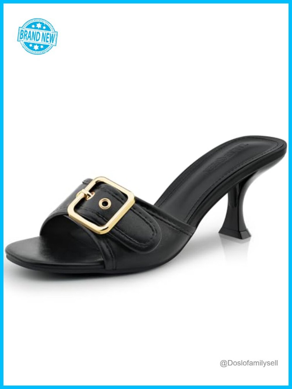 Women's Kitten Heel Sandals Square Open Toe Faux Leather Slip On Buckle Mule